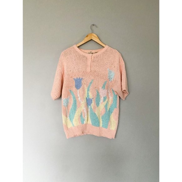 Vintage Acrylic Pastel Sweater Womens Large Fairy Kei 90s flower print - Picture 3 of 8